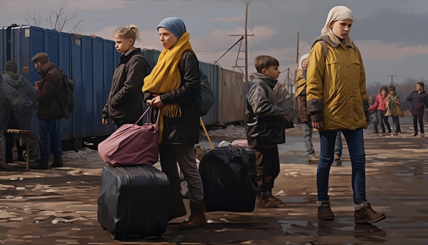 Foto foto jornalística de duas mulheres e crianças refugiadas ucranianas carregando bagagem esperando na fila para