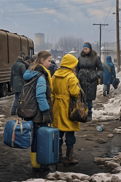 Foto foto jornalística de duas mulheres e crianças refugiadas ucranianas carregando bagagem esperando na fila para
