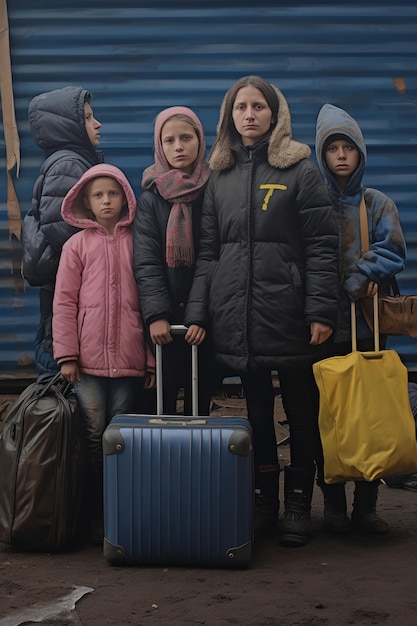 foto jornalística de duas mulheres e crianças refugiadas ucranianas carregando bagagem