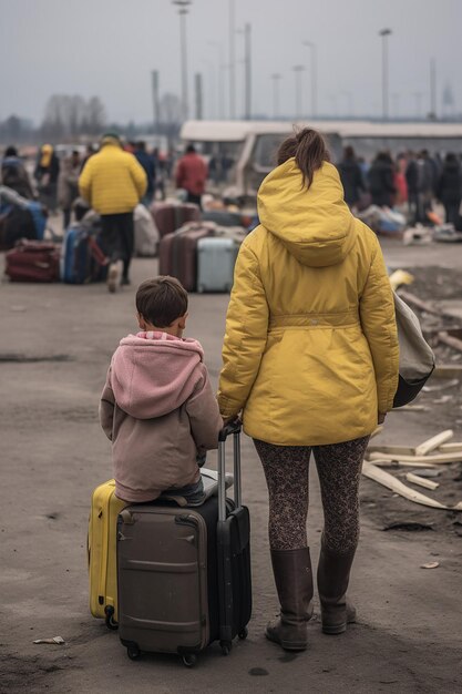 foto jornalística de duas mulheres e crianças refugiadas ucranianas carregando bagagem