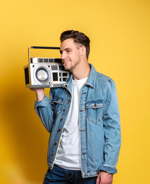 foto jovem bonito vestindo jaqueta jeans segurando boombox em fundo amarelo