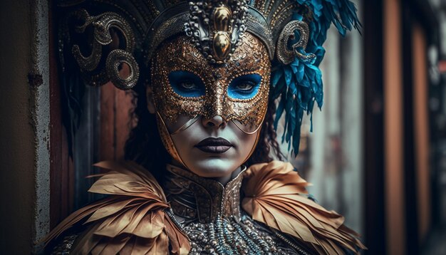Foto jovem no carnaval, fantasia elegante de baile de máscaras com uma pena