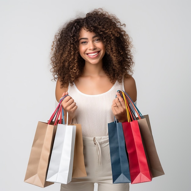 Foto jovem segurando sacolas de compras e sorrindo fundo branco