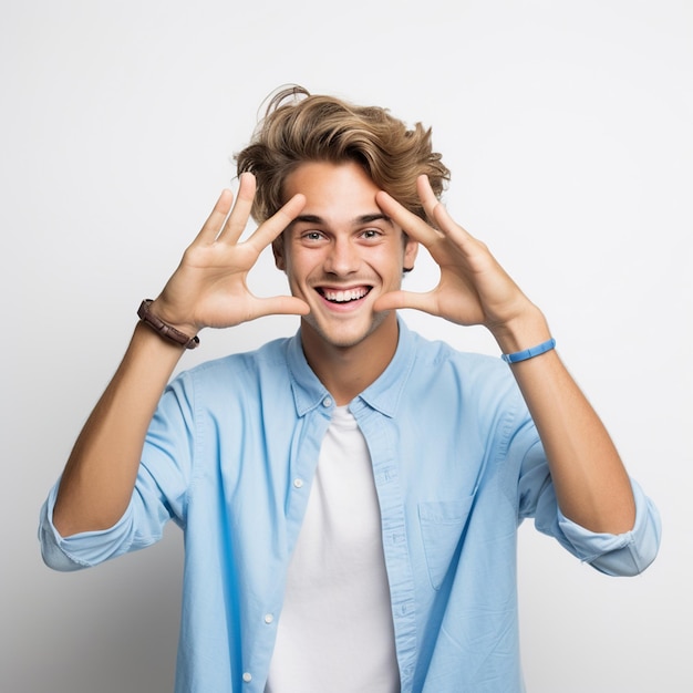 Foto jovem uma camisa azul mostra um coração com as mãos