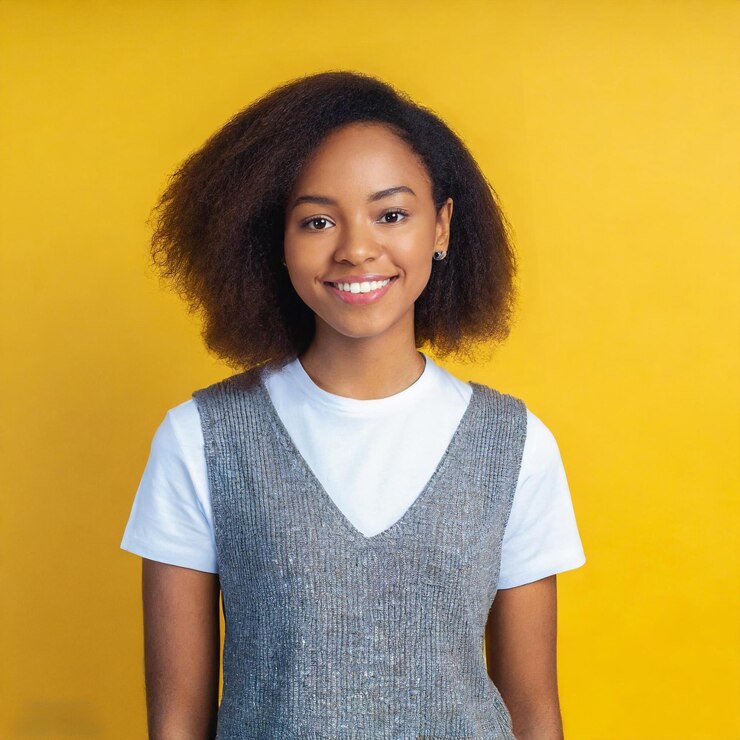 foto de una joven afroamericana aislada en el fondo amarillo del estudio expresión facial