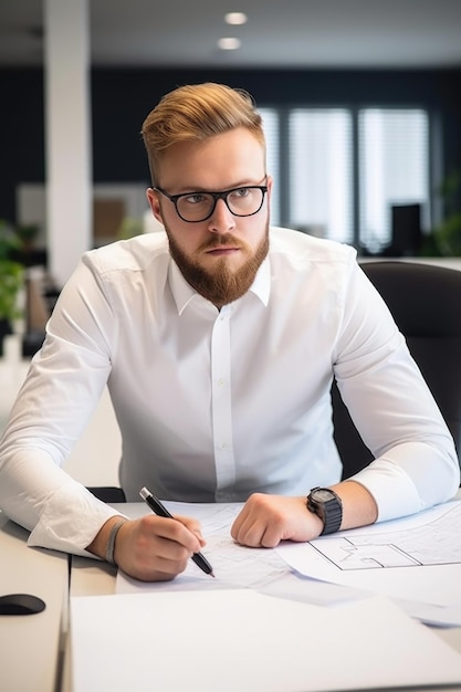 Foto de un joven y apuesto arquitecto escribiendo notas mientras trabajaba en su oficina