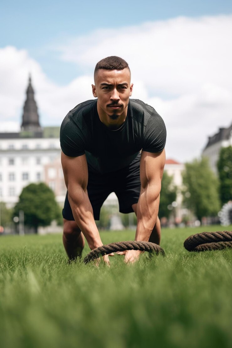 Foto de un joven apuesto trabajando en un campo al aire libre en la ciudad