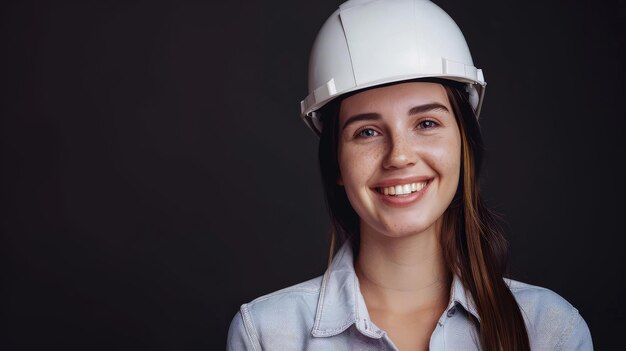 Foto foto de una joven arquitecta sonriente con casco blanco sobre un fondo oscuro