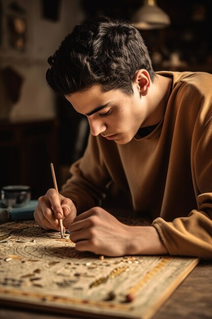 Foto de un joven artesano trabajando en un proyecto de incrustaciones.