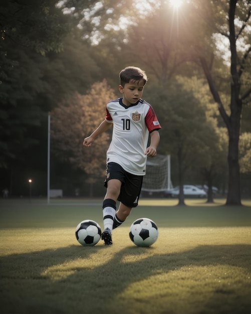Foto de un joven atleta jugando al fútbol en el parque