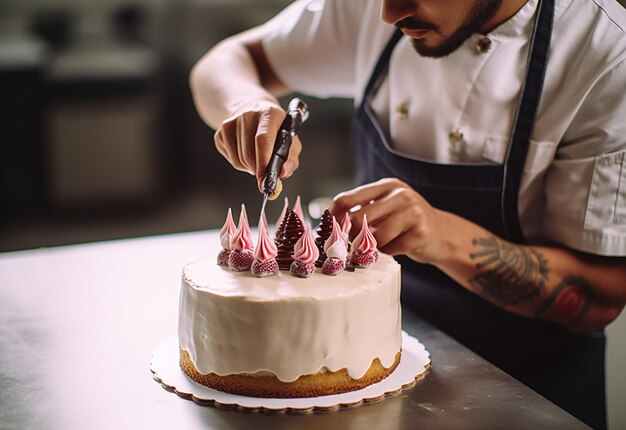 Foto de una joven chef decorando y glaseado de pastel de chocolate