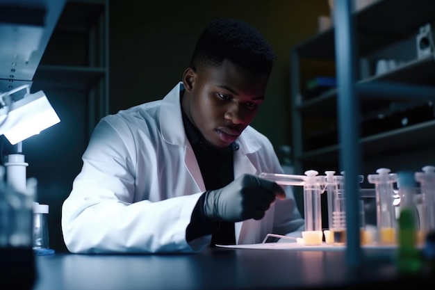 Foto de un joven científico analizando muestras en un laboratorio creado con IA generativa