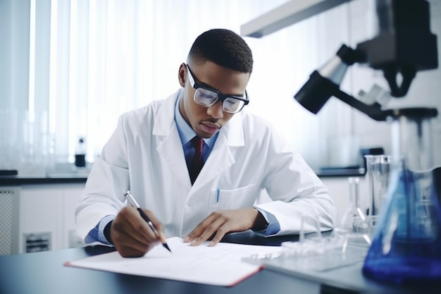 Foto de un joven científico escribiendo notas mientras trabaja en un laboratorio creado con inteligencia artificial generativa