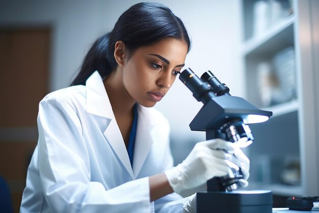 Foto de un joven científico usando un microscopio en un laboratorio creado con IA generativa