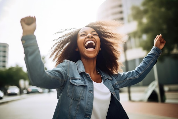 Foto de una joven emocionada celebrando mientras está afuera creada con IA generativa