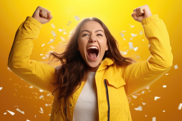 Foto de una joven emocionada regocijarse suerte éxtasis lotería puños manos triunfo aislado sobre amarillo c