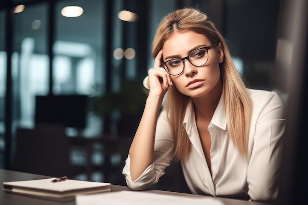 Foto de una joven empresaria que parece estresada mientras trabaja en una oficina creada con IA generativa