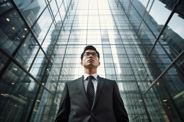 Foto joven empresario asiático con edificio de cristal