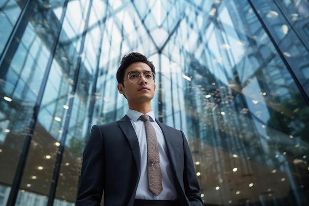 Foto joven empresario asiático con edificio de cristal