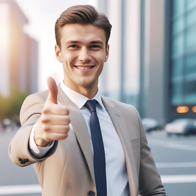 Una foto de un joven empresario exitoso con ropa formal mostrando el pulgar hacia arriba