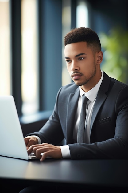 Foto de un joven empresario que trabaja en una computadora portátil en una oficina creada con IA generativa