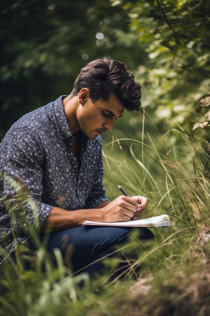 Foto foto de un joven escribiendo notas en la naturaleza al aire libre