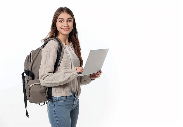 Foto foto de una joven estudiante con una mochila con una computadora portátil en la mano