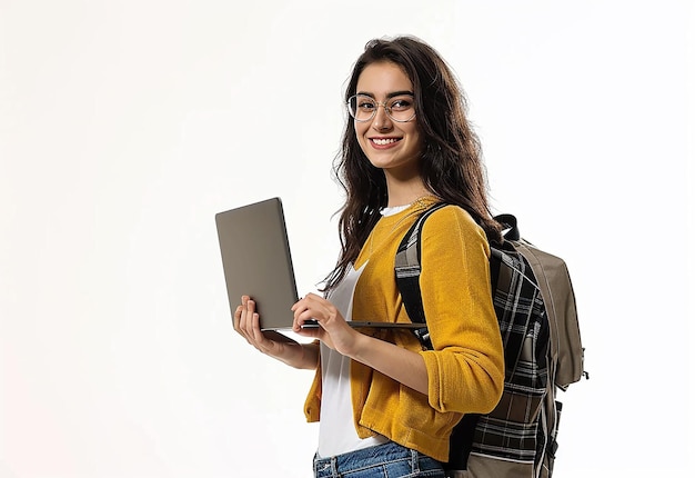 Foto de una joven estudiante con una sonrisa linda y una computadora portátil en la mano