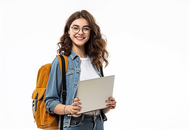 Foto de una joven estudiante con una sonrisa linda y una computadora portátil en la mano
