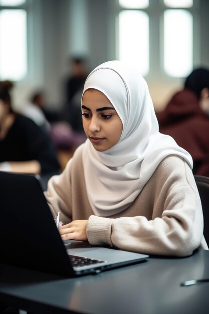 Foto de una joven estudiante usando su computadora portátil en clase