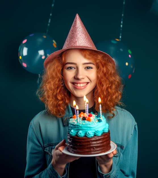 foto joven feliz celebrando un cumpleaños con gorro de fiesta