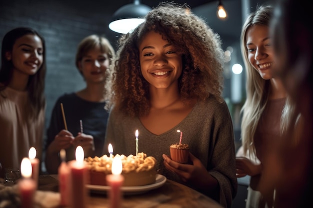 Foto de una joven feliz celebrando su cumpleaños con amigos creada con IA generativa