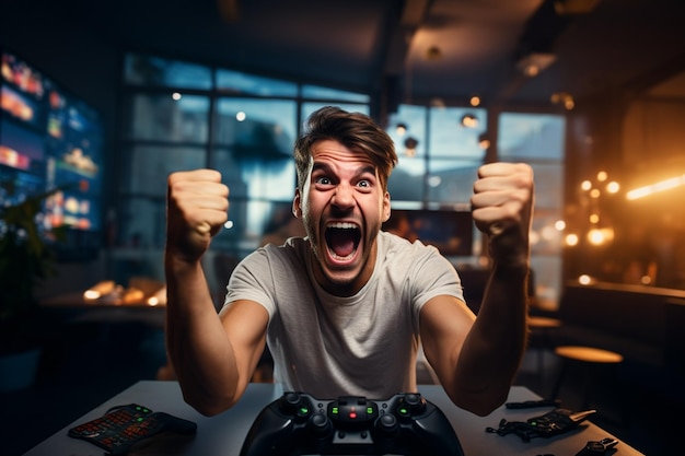 Foto foto de un joven feliz celebrando su victoria en un juego de disparos en línea usando un controlador inalámbrico
