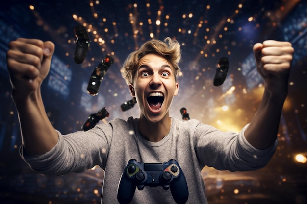 foto de un joven feliz celebrando su victoria en un juego de disparos en línea usando un controlador inalámbrico