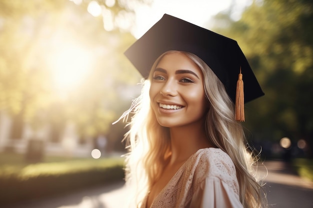 Foto de una joven feliz parada afuera después de la graduación creada con ai generativo