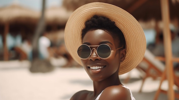 Foto de la joven feliz relajándose en la playa