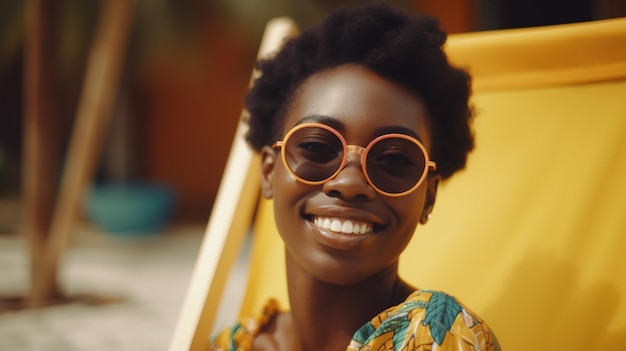 Foto de la joven feliz relajándose en la playa