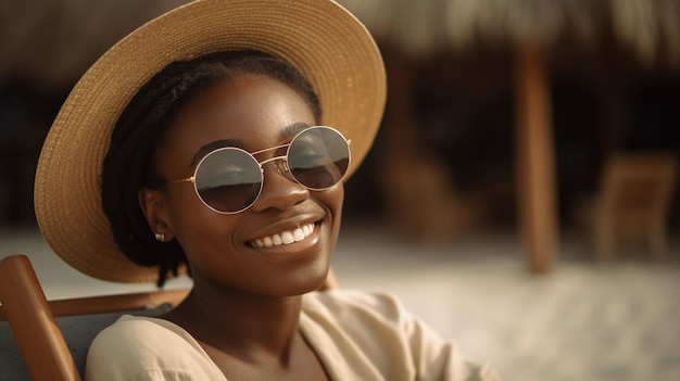 Foto de la joven feliz relajándose en la playa