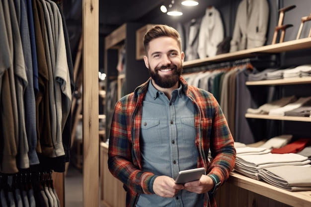 Una foto de un joven feliz usando una tableta digital en su tienda creada con IA generativa