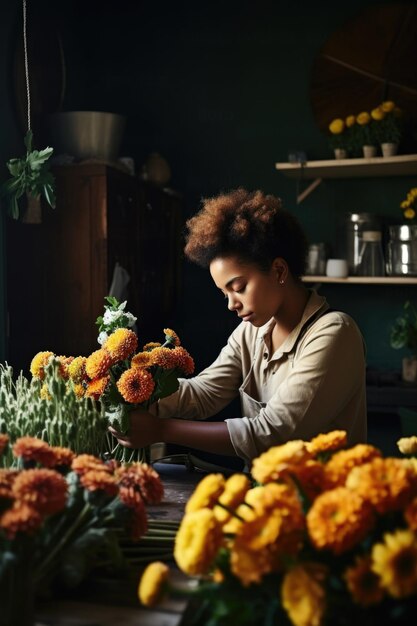 Foto de una joven florista trabajando en su escritorio creada con ai generativo