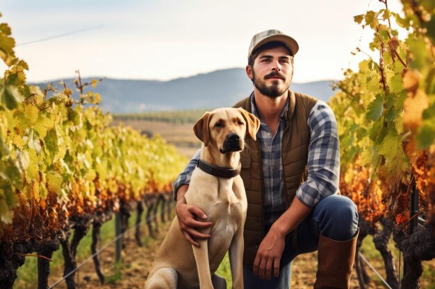Foto de un joven granjero y su perro parados en un viñedo