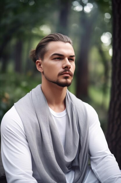 Una foto de un joven guapo meditando sentado al aire libre creada con IA generativa