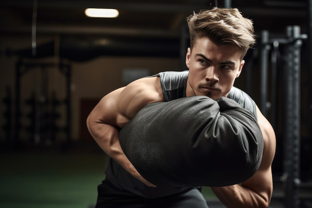 Foto de un joven haciendo ejercicio con un gran saco de arena