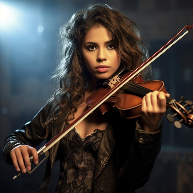 Foto joven hermosa mujer tocando el violín