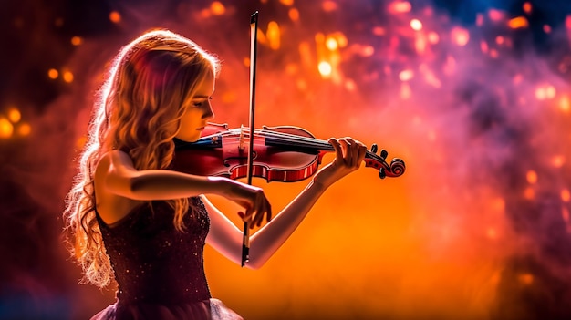 Foto joven hermosa mujer tocando el violín