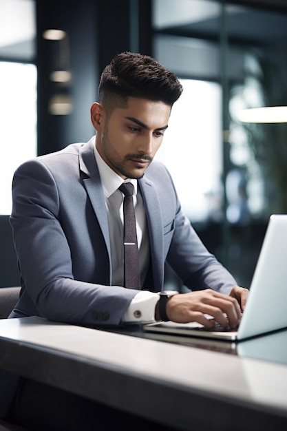 foto de un joven hombre de negocios que usa una computadora portátil en una oficina creada con IA generativa