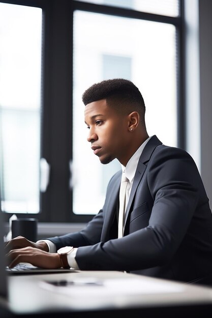 Una foto de un joven hombre de negocios que usa una computadora portátil en su escritorio en una oficina creada con inteligencia artificial generativa