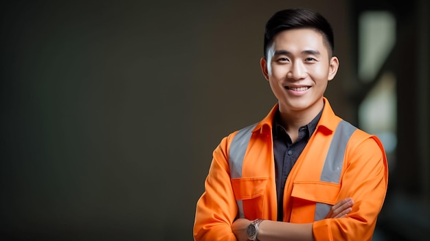 Foto de un joven ingeniero asiático guapo sonriendo con un chaleco naranja, trabajador de una fábrica generada por IA