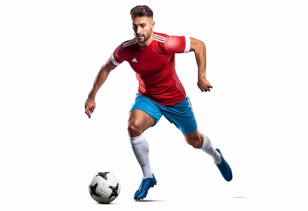 Foto foto de un joven jugador de fútbol en un fondo blanco aislado