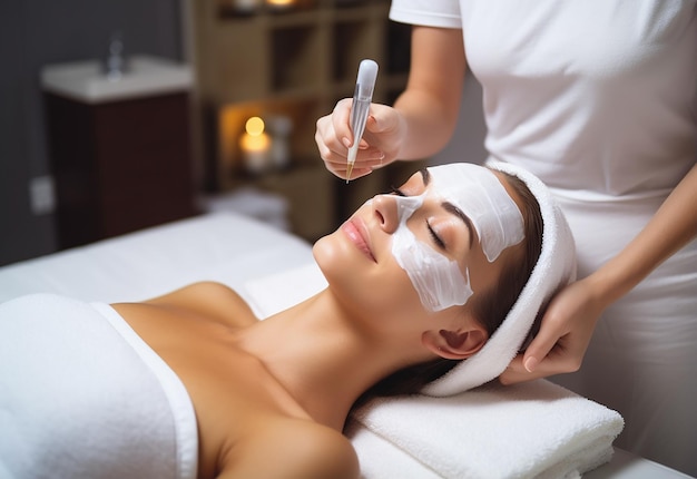 Foto de una joven y linda mujer recibiendo tratamiento facial y con mascarilla en el salón